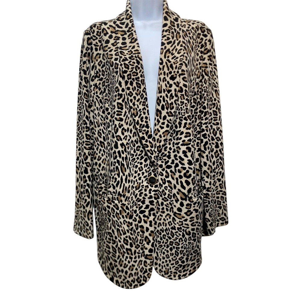 Susan Graver Blazer Womens 1X Leopard Animal Print Single Button Stretch Plus